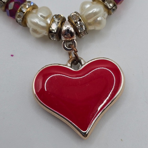 Red White Gold Tone Bead Bracelet Heart Charm Stretchy Elastic Fashion Jewelry - Picture 3 of 9